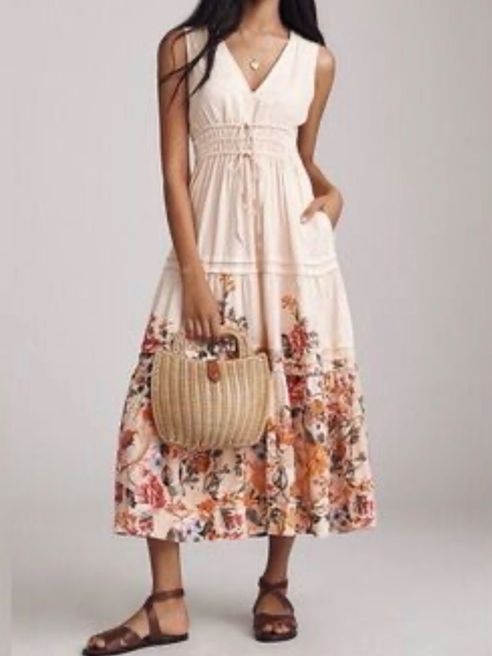 Rachel Zoe Maxi Dress Size Small Linen Blend Cream Floral Tiered NEW With Tags